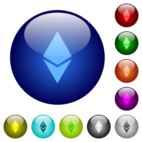 Iconos Criptomoneda Digital Ethereum Botones Vidrio Color Redondo — Vector de stock