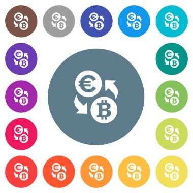 Euro Bitcoin para değişimi yuvarlak renkli arka planlar üzerinde düz beyaz simgeler. 17 arka plan renk değişimleri dahil.