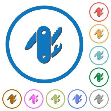 İsviçreli ordu bıçak düz renk vektör simgeler gölgelerde ile özetliyor beyaz arka plan üzerinde yuvarlak