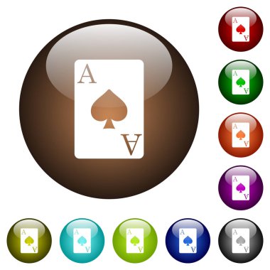 Ace of spades card white icons on round color glass buttons clipart
