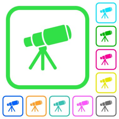 Uzay teleskop beyaz arka plan üzerinde eğri sınırları içinde canlı renkli düz simgeler