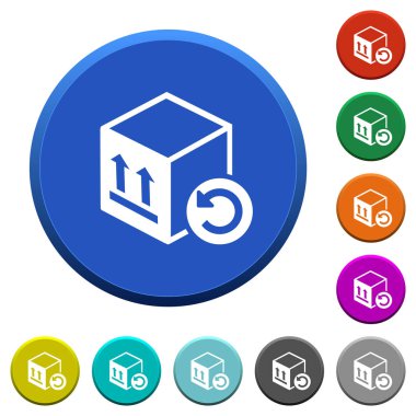 Paketi geri döndürün eğimli yuvarlak renkli düğmeler düzgün yüzeyler ve düz beyaz simgeler