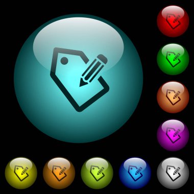 Tagging with pencil icons in color illuminated spherical glass buttons on black background. Can be used to black or dark templates clipart