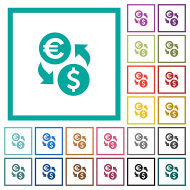 Euro dolar para Satım düz renk simgeleri beyaz arka plan üzerinde çeyreği çerçevelerle