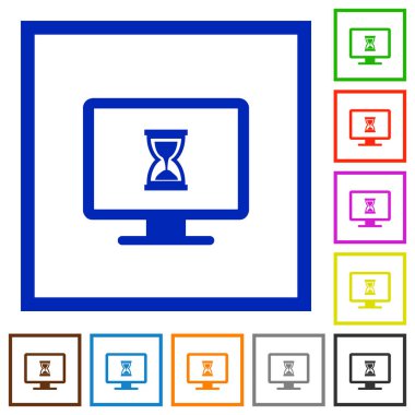 Kare kare beyaz arka plan üzerinde meşgul bilgisayar düz renk simgeleri