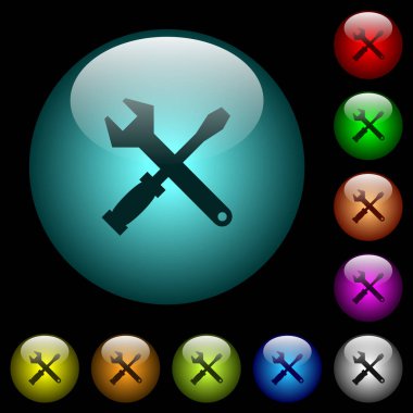 Renkli ışıklı küresel cam düğmeler siyah arka plan üzerinde araç kiti simgeler. Siyah veya koyu şablonları için kullanılabilir