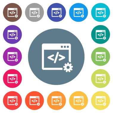 Web geliştirme düz beyaz simgeleri yuvarlak renkli arka planlar. 17 arka plan renk değişimleri dahil.