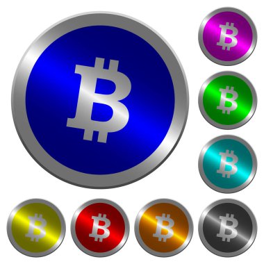 Yuvarlak Bitcoin dijital cryptocurrency simgeler üzerinde parlak sikke benzeri renk çelik düğmeleri