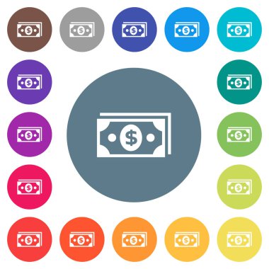Doları banknot yuvarlak renkli arka planlar üzerinde beyaz simgeler düz. 17 arka plan renk değişimleri dahil.
