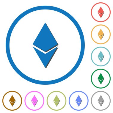 Yuvarlak Ethereum dijital cryptocurrency düz renk vektör simgeler gölgelerde ile özetliyor beyaz arka plan üzerinde
