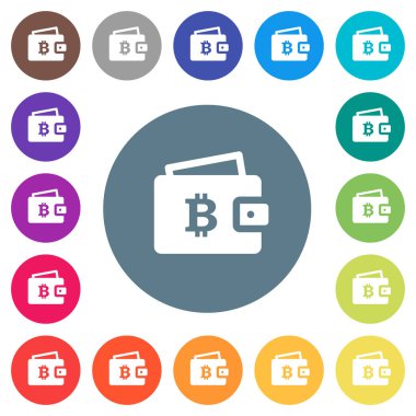 Bitcoin cüzdan düz beyaz simgeleri yuvarlak renkli arka planlar. 17 arka plan renk değişimleri dahil.