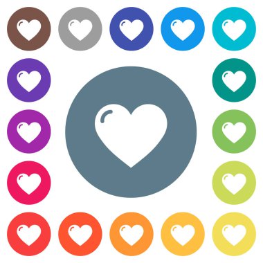 Kalp şekli düz beyaz simgeleri yuvarlak renkli arka planlar. 17 arka plan renk değişimleri dahil.