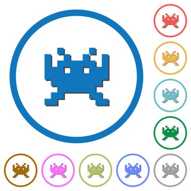 Video oyunu düz renk vektör simgeler gölgelerde ile özetliyor beyaz arka plan üzerinde yuvarlak