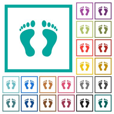 Çeyreği kare beyaz arka plan üzerinde renkli simgelerle insan ayak izleri düz