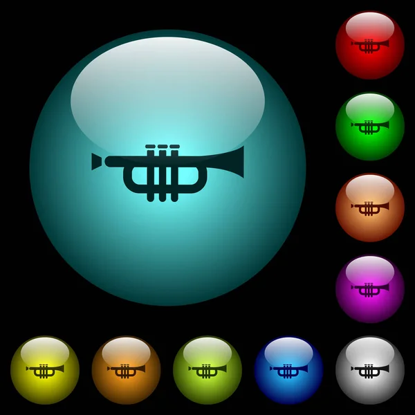 Trumpet Icons Color Illuminated Spherical Glass Buttons Black Background Can — Stock Vector