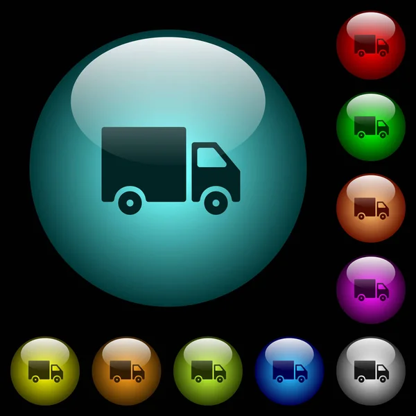 Dostawy Samochodów Ciężarowych Ikony Kolorowe Przyciski Podświetlane Szklane Czarnym Tle — Wektor stockowy