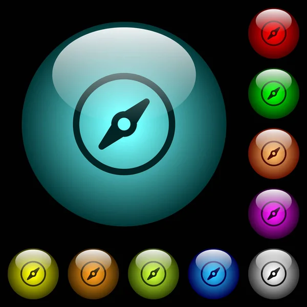 Einfache Kompasssymbole Farbig Beleuchteten Kugelförmigen Glasknöpfen Auf Schwarzem Hintergrund Kann — Stockvektor