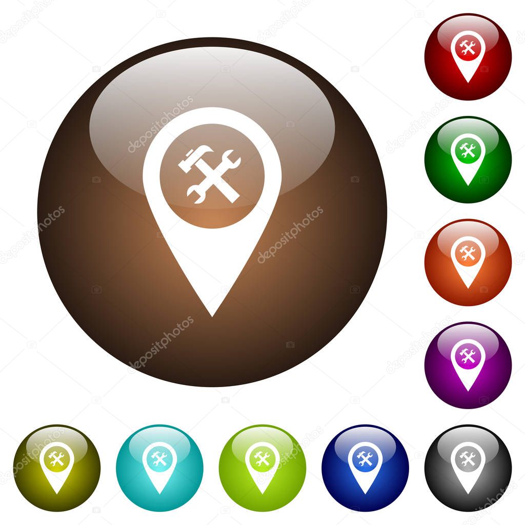 Workshop service GPS map location white icons on round color glass buttons
