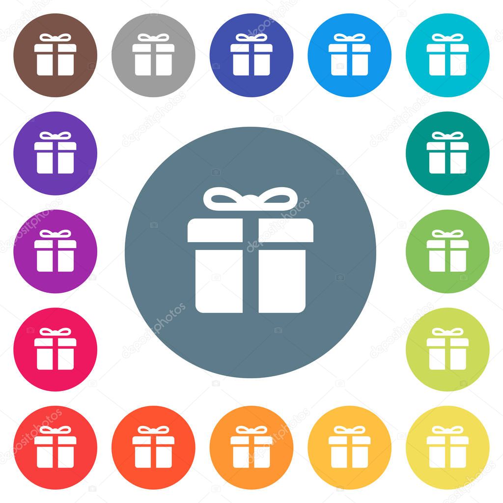 Gift box flat white icons on round color backgrounds. 17 background color variations are included.