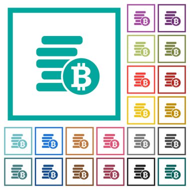 Bitcoins çeyreği kare beyaz arka plan üzerinde renkli simgelerle düz