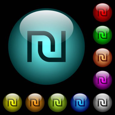 İsrail Yeni Şekeli işareti simgeler renkli ışıklı küresel cam düğmeler siyah arka plan üzerine. Siyah veya koyu şablonları için kullanılabilir