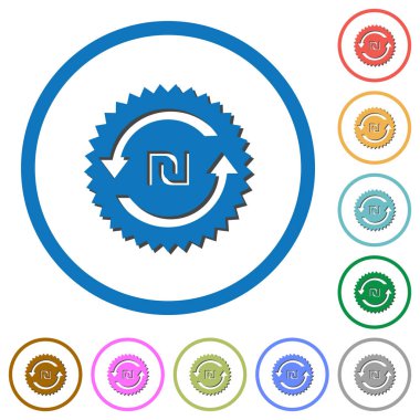 Geri yeni şekel ödeme garanti etiketi düz renk vektör simgeler beyaz arka plan üzerinde yuvarlak özetliyor gölgelerde ile