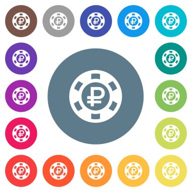 Yuvarlak Rublesi casino çip düz beyaz simgeler üzerinde renkli arka planlar. 17 arka plan renk değişimleri dahil.