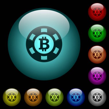 Renkli ışıklı küresel cam düğmeler siyah arka plan üzerine Bitcoin casino çip simgeler. Siyah veya koyu şablonları için kullanılabilir