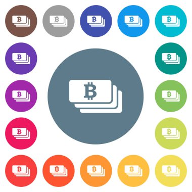 Bitcoin banknotlar yuvarlak renkli arka planlar üzerinde beyaz simgeler düz. 17 arka plan renk değişimleri dahil.