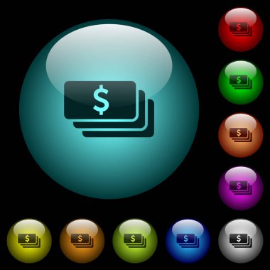 Renkli ışıklı küresel cam düğmeler siyah arka plan üzerine doları banknot simgeler. Siyah veya koyu şablonları için kullanılabilir