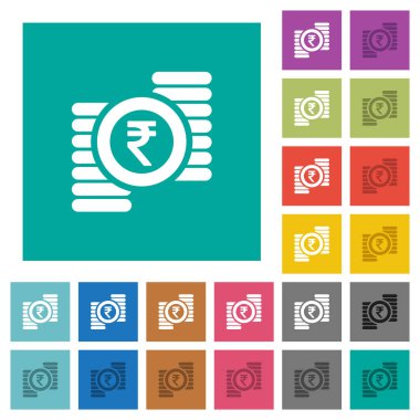 Hindistan Rupisi çok düz simgeler düz kare arka plan üzerinde renkli sikke. Beyaz ve koyu kutsal kişilerin resmi varyasyon hover veya etkin efektleri dahil.