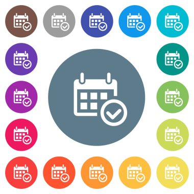 Takvim check düz beyaz simgeleri yuvarlak renkli arka planlar. 17 arka plan renk değişimleri dahil.