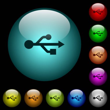 Renkli ışıklı küresel cam düğmeler siyah arka plan üzerinde USB bağlantı simgeler. Siyah veya koyu şablonları için kullanılabilir