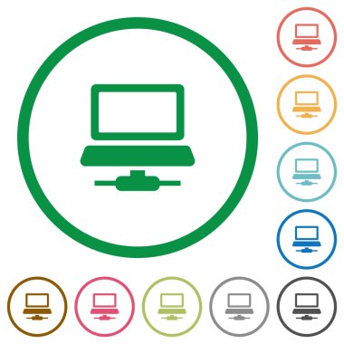 Ağ bilgisayar düz renk simgeleri özetliyor beyaz arka plan üzerinde yuvarlak