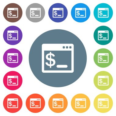 İşletim sistemi komutu terminal düz beyaz simgeleri yuvarlak renkli arka planlar. 17 arka plan renk değişimleri dahil.