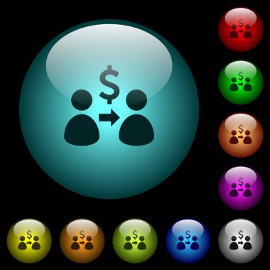 Dolar simgeler renkli ışıklı küresel cam düğmeler siyah arka plan üzerine gönder. Siyah veya koyu şablonları için kullanılabilir
