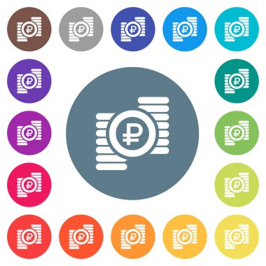 Rublesi yuvarlak renkli arka planlar üzerinde düz beyaz simgeler paraları. 17 arka plan renk değişimleri dahil.