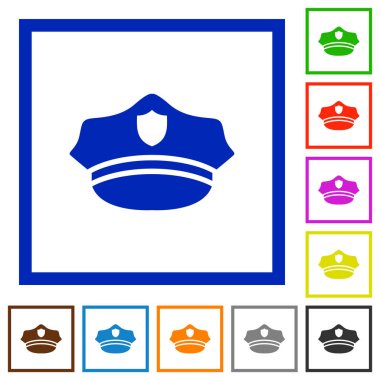 Polis kare kare beyaz arka plan üzerinde düz renk simgeleri şapka