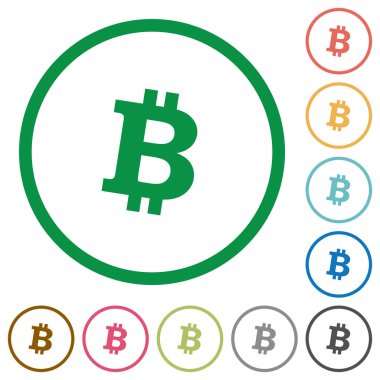 Bitcoin dijital cryptocurrency düz renk simgeleri özetliyor beyaz arka plan üzerinde yuvarlak