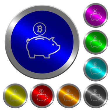 Yuvarlak Bitcoin kumbara simgeler üzerinde parlak sikke benzeri renk çelik düğmeleri