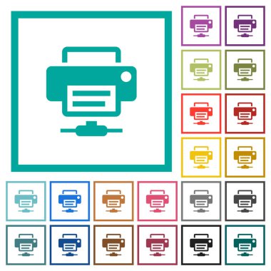 Ağ Yazıcı düz renk simgeleri beyaz arka plan üzerinde çeyreği çerçeveli