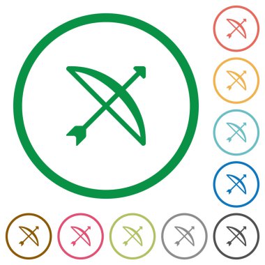 Ok düz renk simgeleri beyaz arka plan üzerinde yuvarlak ana hatları ile yay