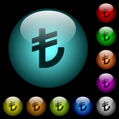 Renkli ışıklı küresel cam düğmeler siyah arka plan üzerine Türk Lirası işareti simgeler. Siyah veya koyu şablonları için kullanılabilir