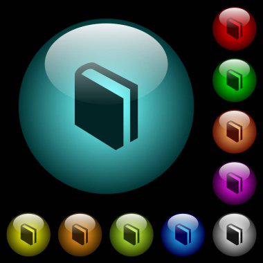 Renkli ışıklı küresel cam düğmeler siyah arka plan üzerine tek kitap simgeler. Siyah veya koyu şablonları için kullanılabilir