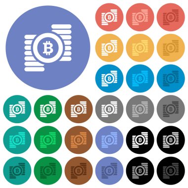 Bitcoins çok düz simgeler yuvarlak arka plan üzerinde renkli. Beyaz, açık ve koyu kutsal kişilerin resmi varyasyon vurgulu ve etkin durumu efektleri ve bonus tonları siyah backgounds tarih dahil.