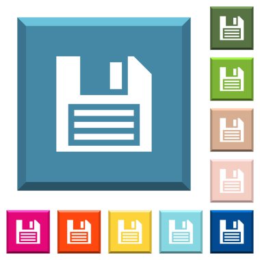 Disket vignette beyaz simgeleri çeşitli moda renklerde ucu keskin kare düğmeleri ile