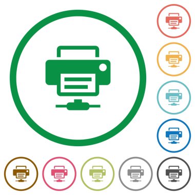 Ağ Yazıcı düz renk simgeleri özetliyor beyaz arka plan üzerinde yuvarlak