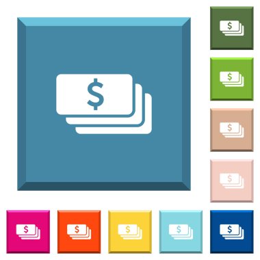 Doları banknot simgeleri çeşitli moda renklerde ucu keskin kare düğmeleri beyaz