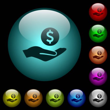 Renkli ışıklı küresel cam düğmeler siyah arka plan üzerine doları kazancı simgeler. Siyah veya koyu şablonları için kullanılabilir