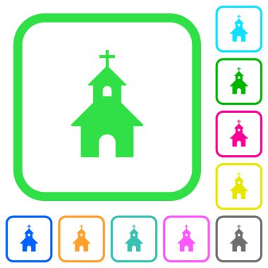 Beyaz arka plan üzerinde eğri sınırları kilise canlı renkli düz simgeler